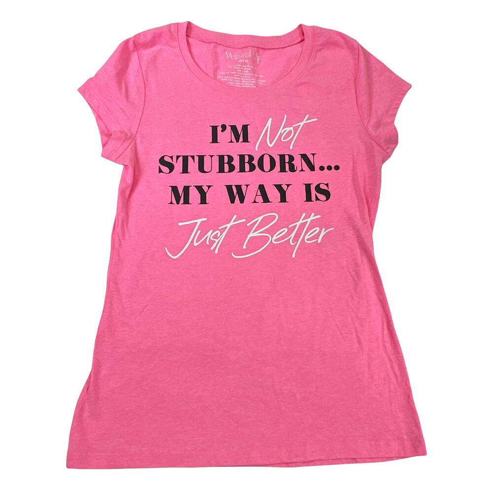 Wound Up Pink Graphic "Im Not Stubborn" Tee Juniors M(7-9) Scoop Neck Short Slee